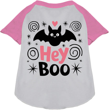 Pink Hey Boo! Pet Raglan Shirt with bat design