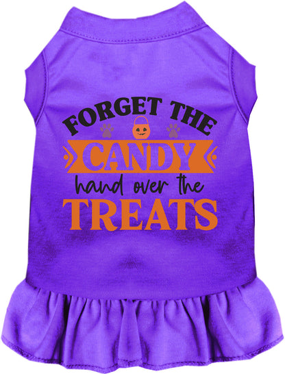 Purple pet dress with 'Forget the Candy' print