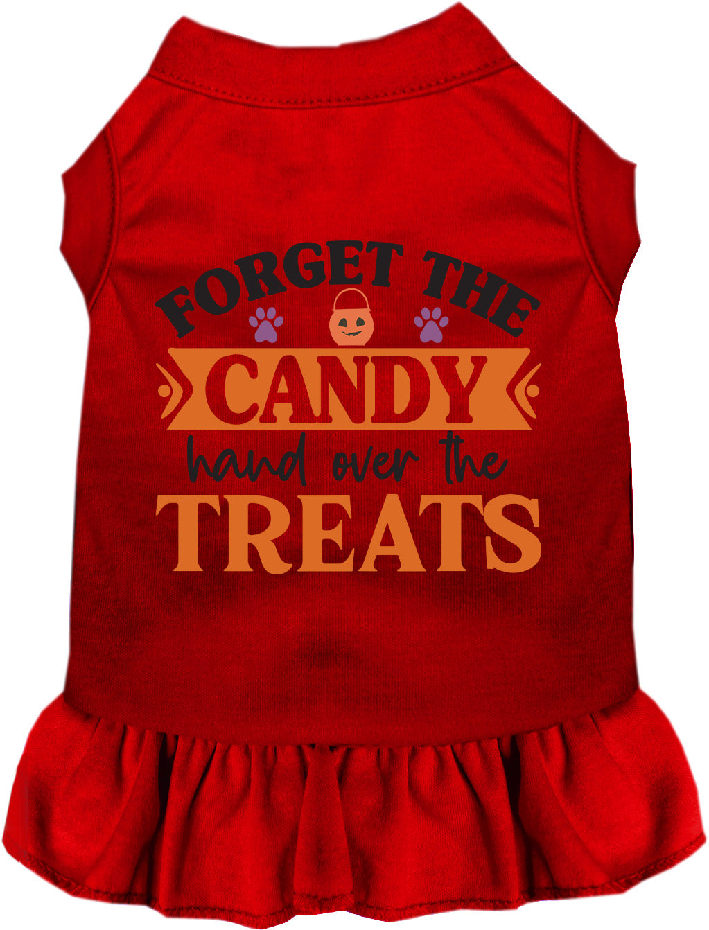 Red pet dress with 'Forget the Candy' print