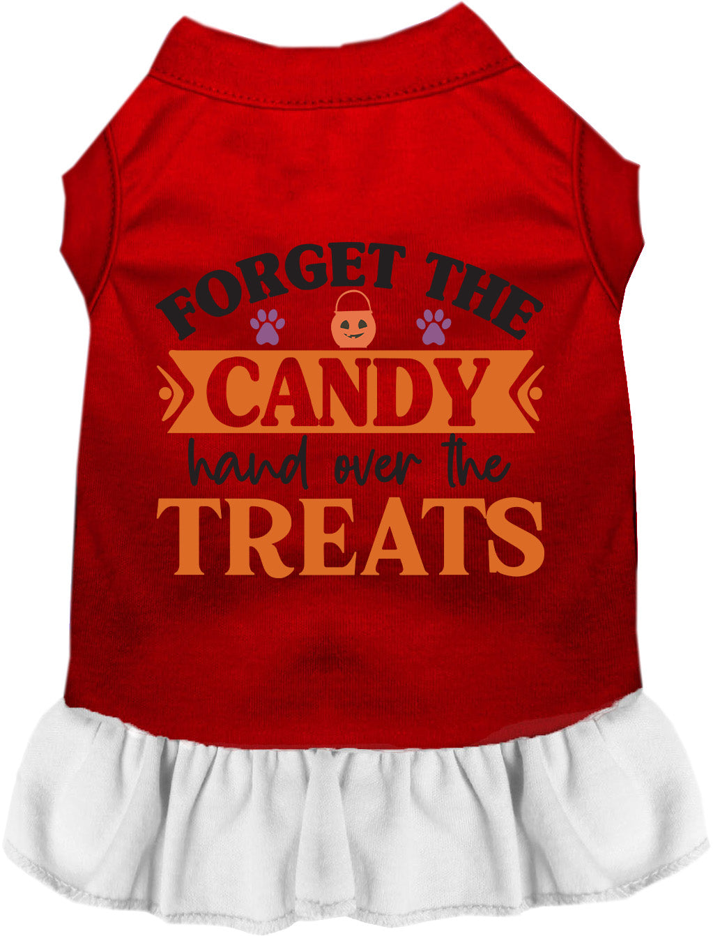Red pet dress with 'Forget the Candy' print