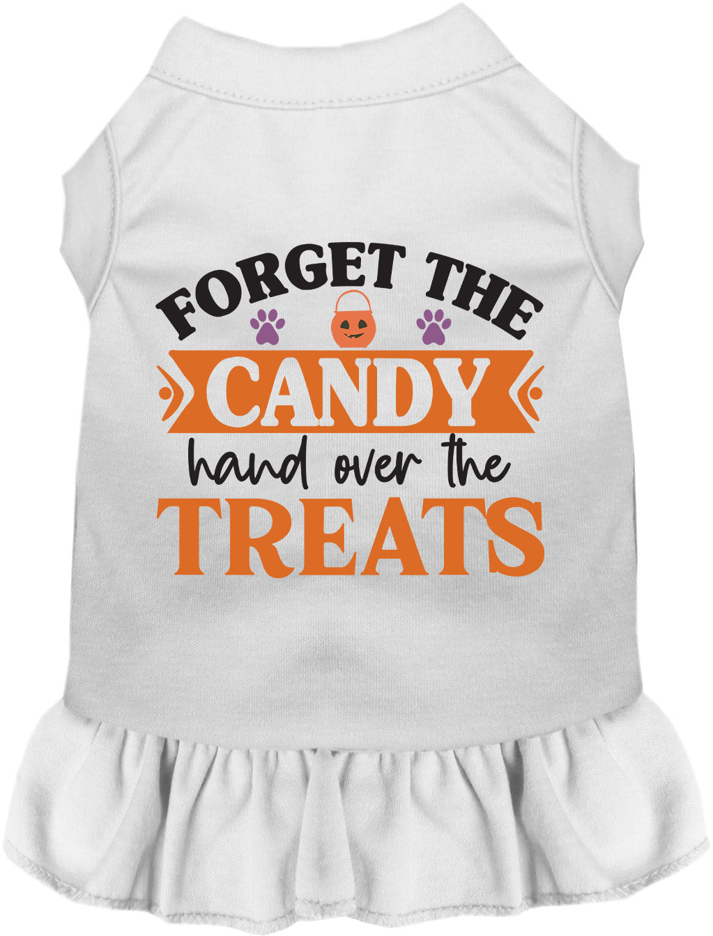 White pet dress with 'Forget the Candy' print