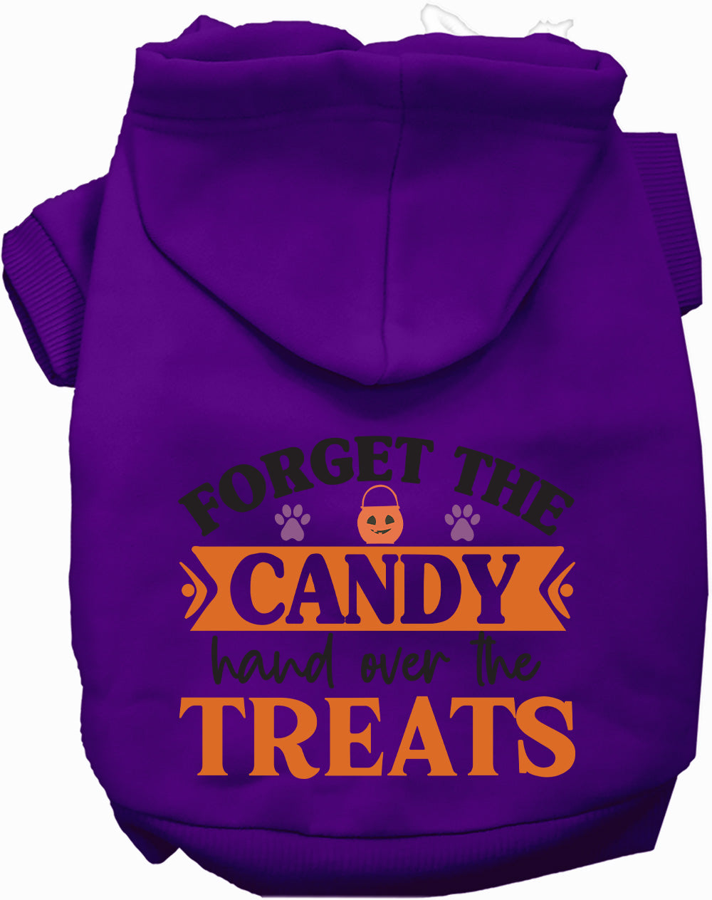 Purple pet hoodie with 'Forget the Candy' design