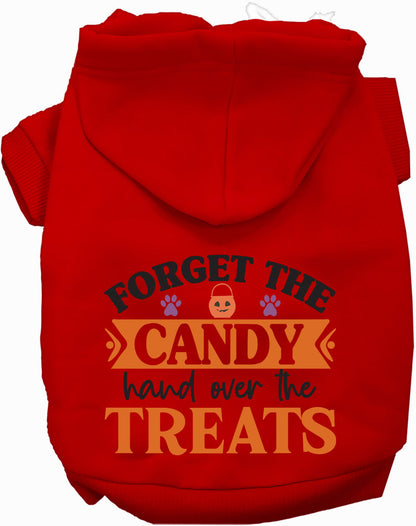 Red pet hoodie with 'Forget the Candy' design