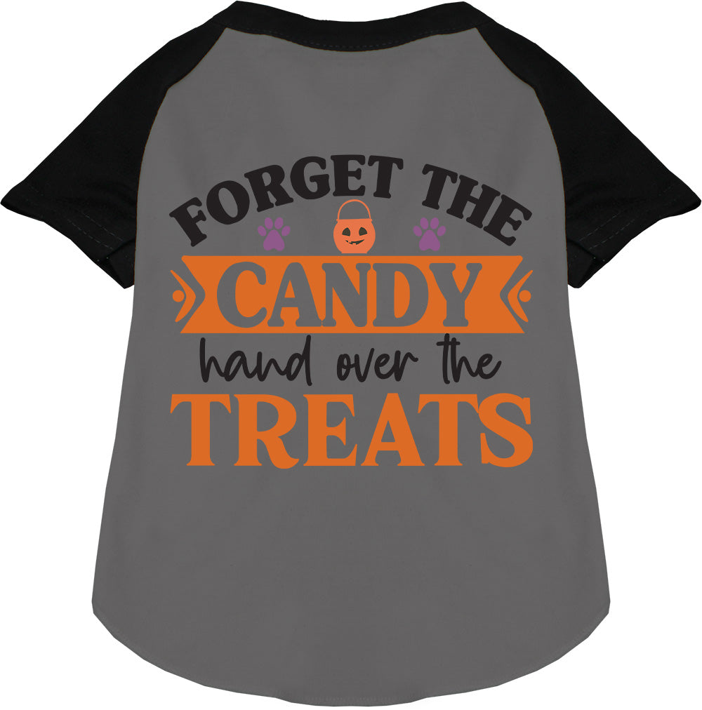 Black sleeve pet raglan shirt with 'Forget the Candy' print