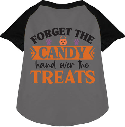 Black sleeve pet raglan shirt with 'Forget the Candy' print