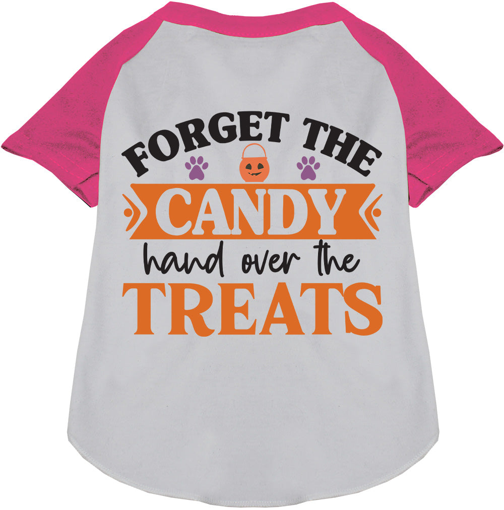 Pink sleeve pet raglan shirt with 'Forget the Candy' print