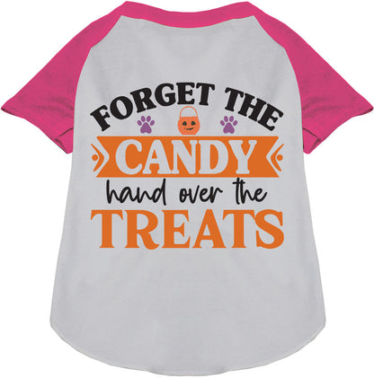 Pink sleeve pet raglan shirt with 'Forget the Candy' print