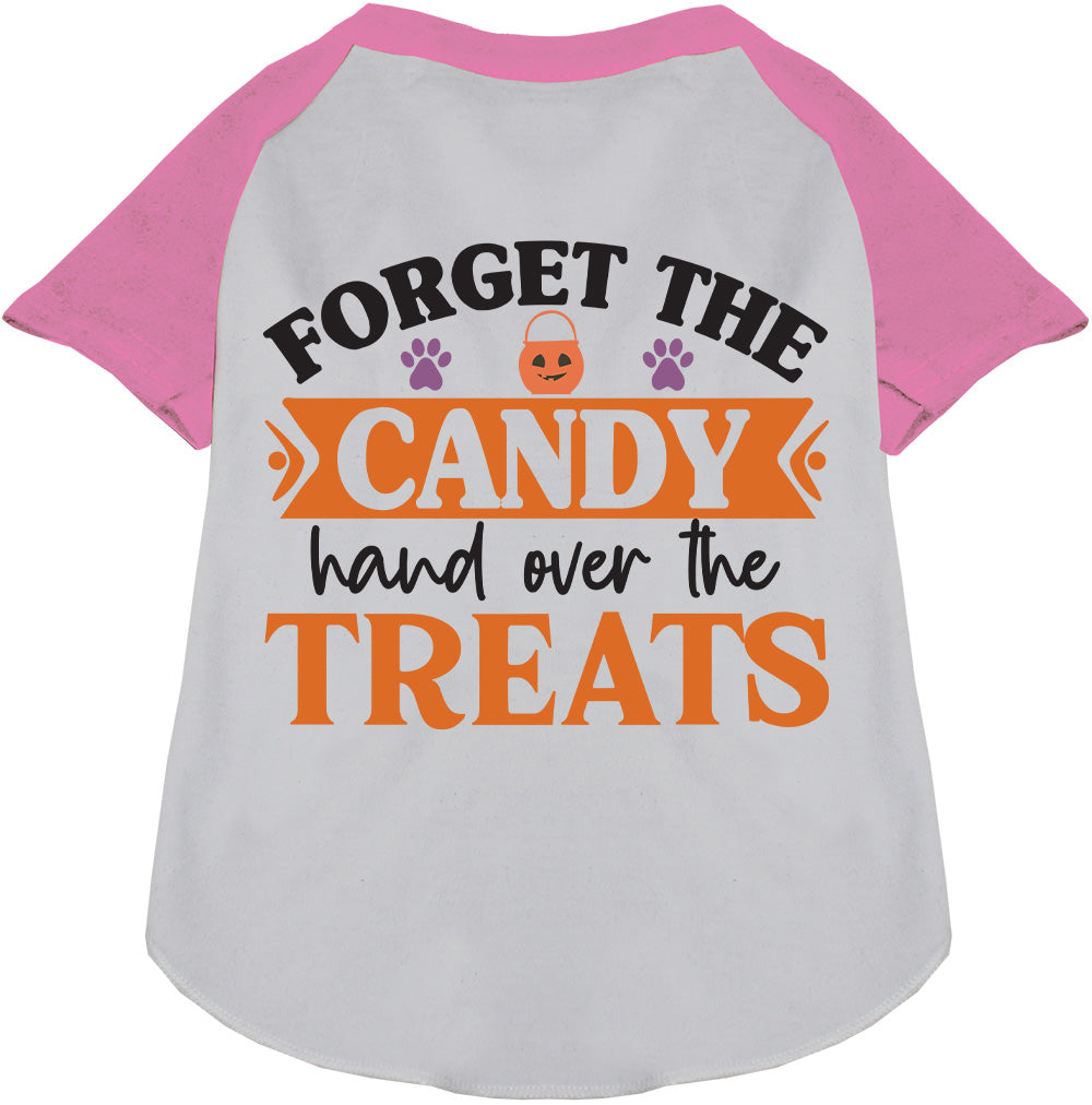 Light pink sleeve pet raglan shirt with 'Forget the Candy' print