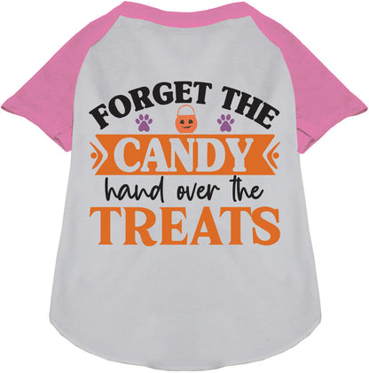 Light pink sleeve pet raglan shirt with 'Forget the Candy' print