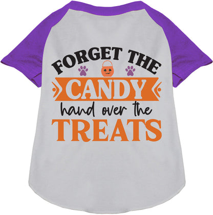 Purple sleeve pet raglan shirt with 'Forget the Candy' print