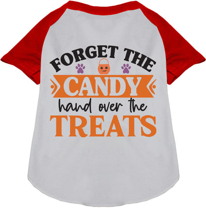 Red sleeve pet raglan shirt with 'Forget the Candy' print