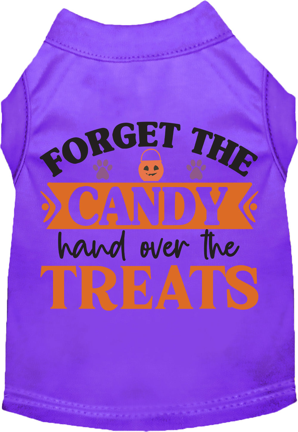 Purple pet shirt with 'Forget the Candy' Halloween design