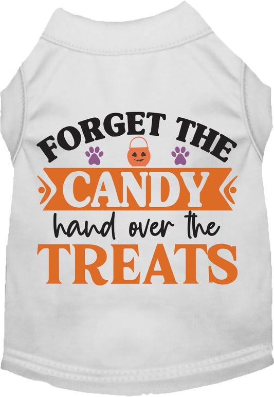 White pet shirt with 'Forget the Candy' Halloween design