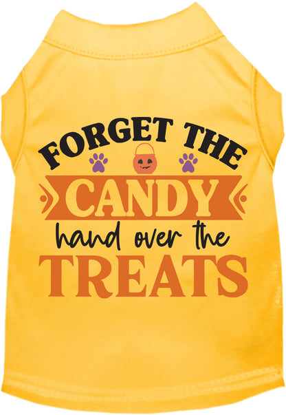 Yellow pet shirt with 'Forget the Candy' Halloween design