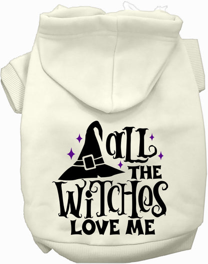 White pet hoodie with 'All the Witches Love Me!' design