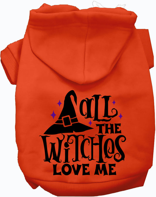 Orange pet hoodie with 'All the Witches Love Me!' design