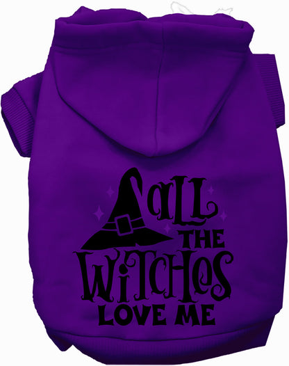 Purple pet hoodie with 'All the Witches Love Me!' design