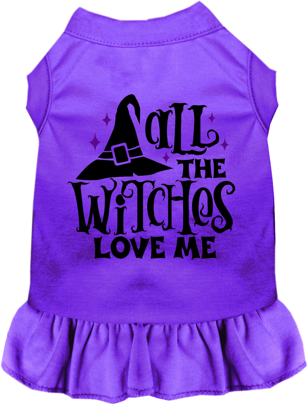 Purple pet dress with 'All the Witches Love Me' design