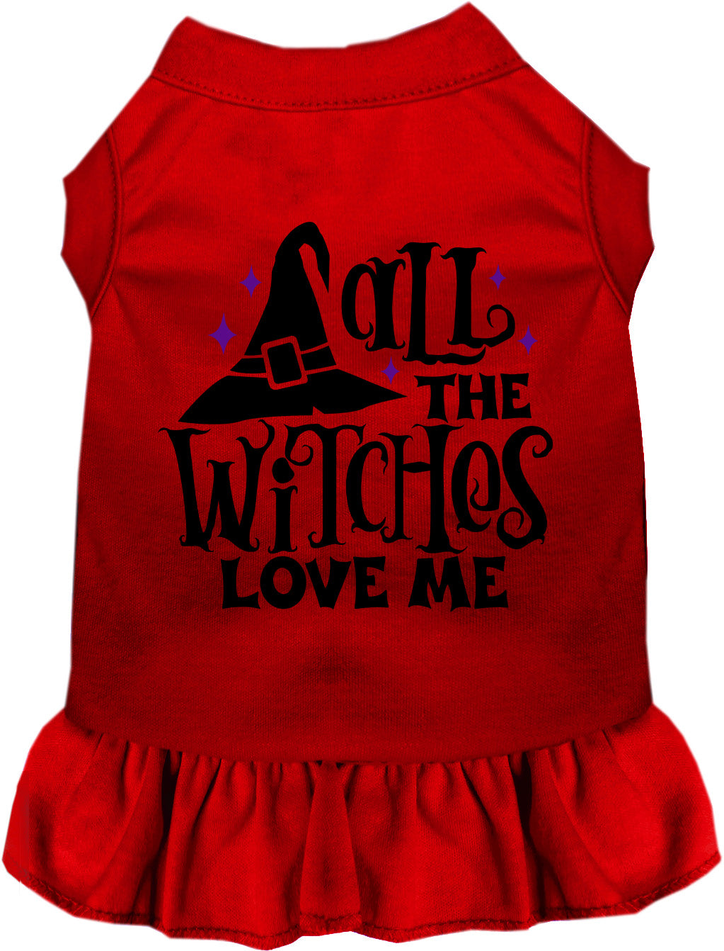 Red pet dress with 'All the Witches Love Me' design