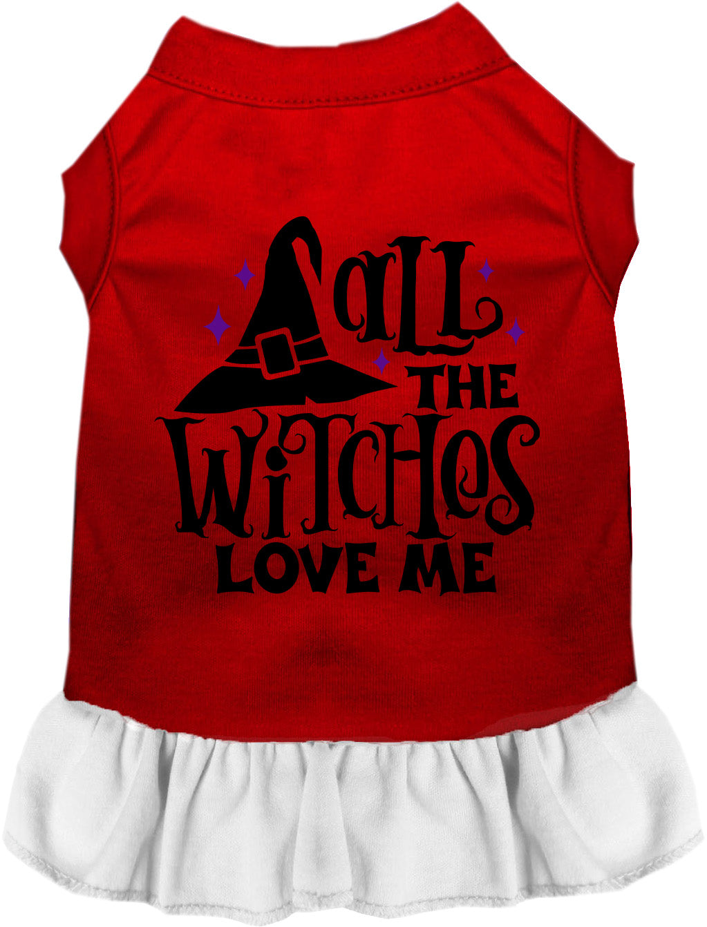 Red and white pet dress with 'All the Witches Love Me' design