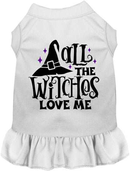 White pet dress with 'All the Witches Love Me' design