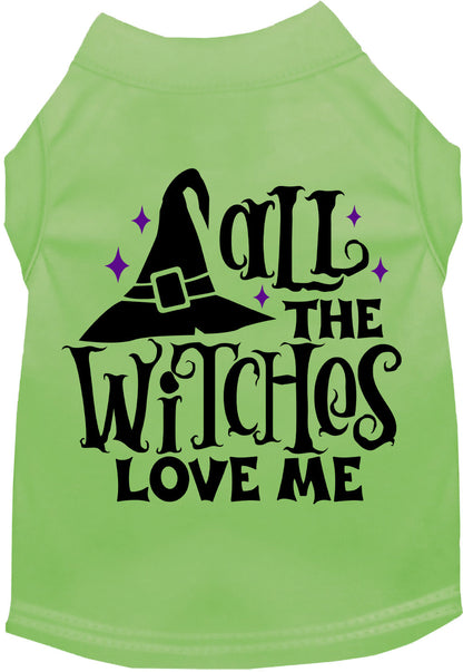 Green pet shirt with 'All the Witches Love Me' design