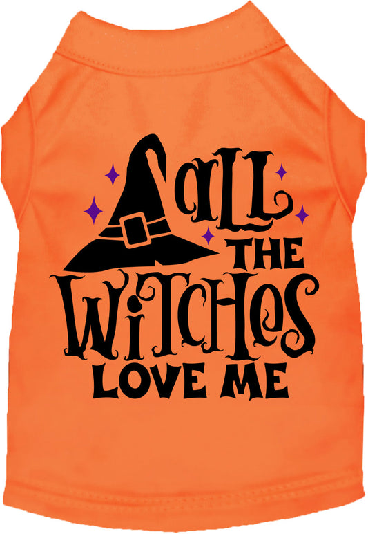 Orange pet shirt with 'All the Witches Love Me' design