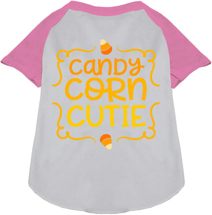White Candy Corn Cutie pet raglan shirt with light pink sleeves