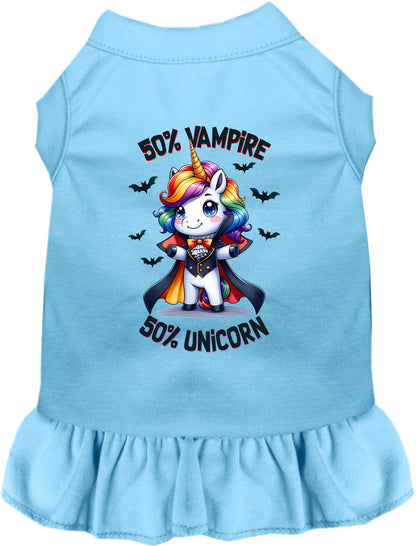 Blue pet dress with 50% vampire unicorn design