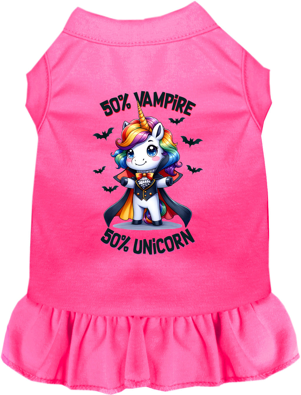 Pink pet dress with 50% vampire unicorn design