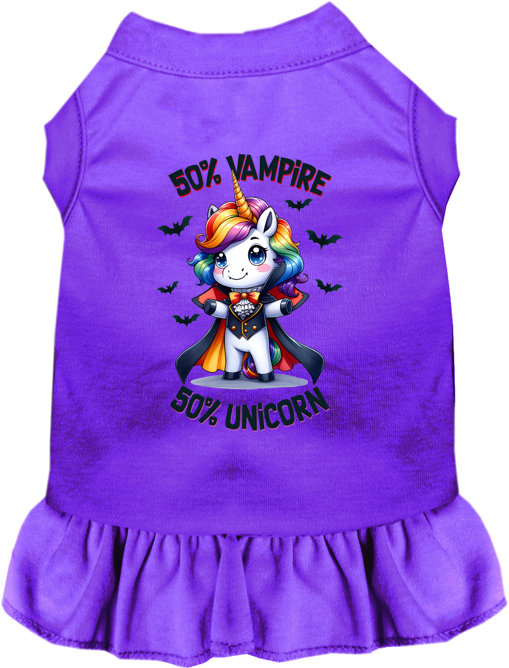 Purple pet dress with 50% vampire unicorn design