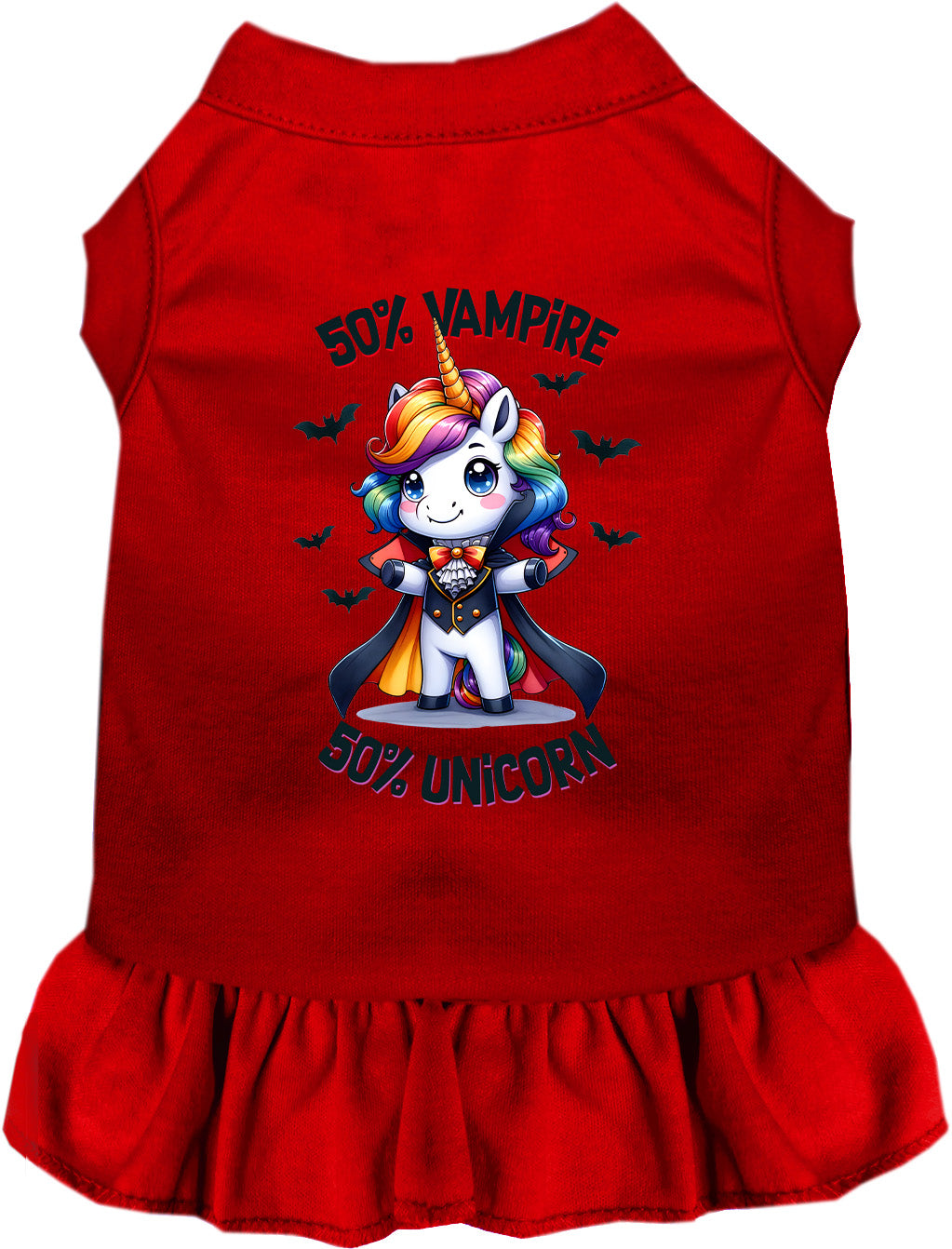 Red pet dress with 50% vampire unicorn design
