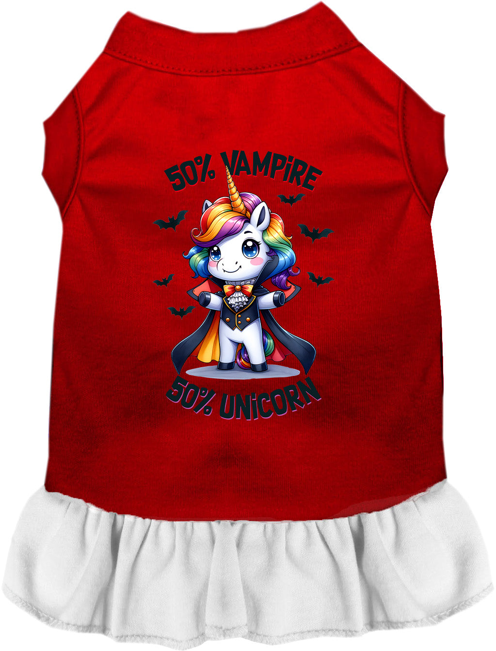 Red and white pet dress with 50% vampire unicorn design