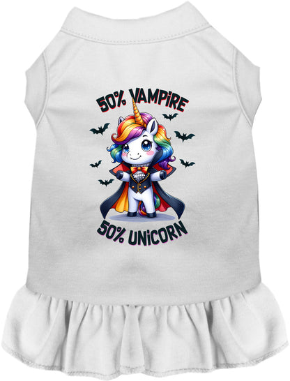 White pet dress with 50% vampire unicorn design