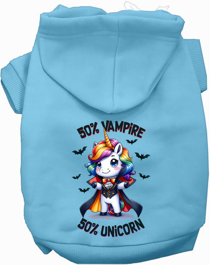 Light blue pet hoodie with 50% Vampire 50% Unicorn design