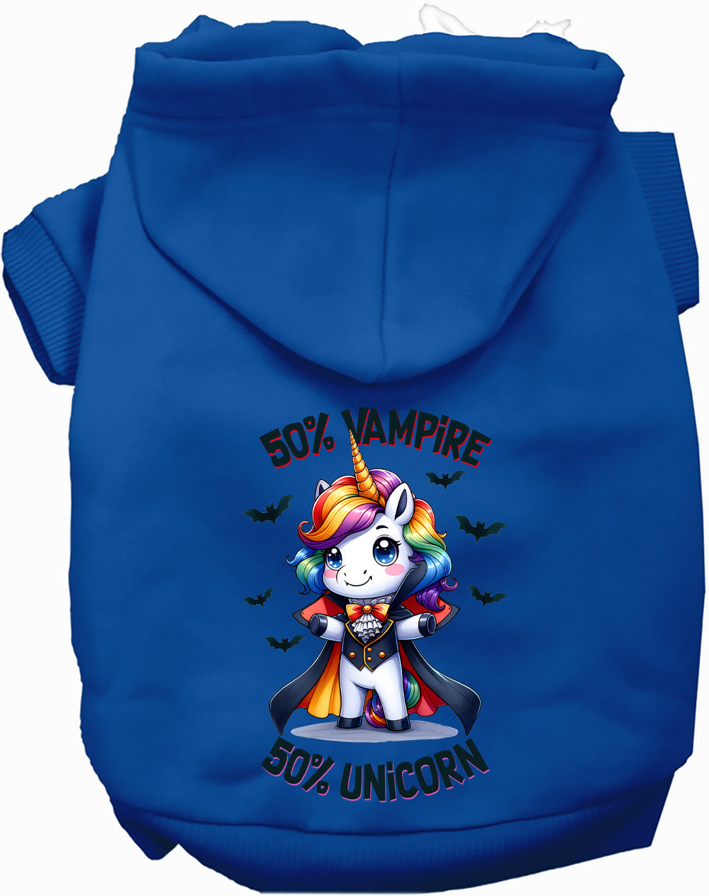 Dark blue pet hoodie with 50% Vampire 50% Unicorn design