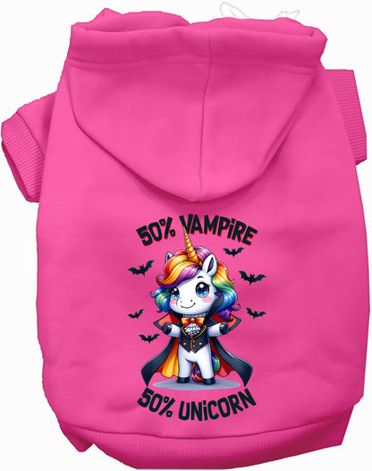 Hot pink pet hoodie with 50% Vampire 50% Unicorn design