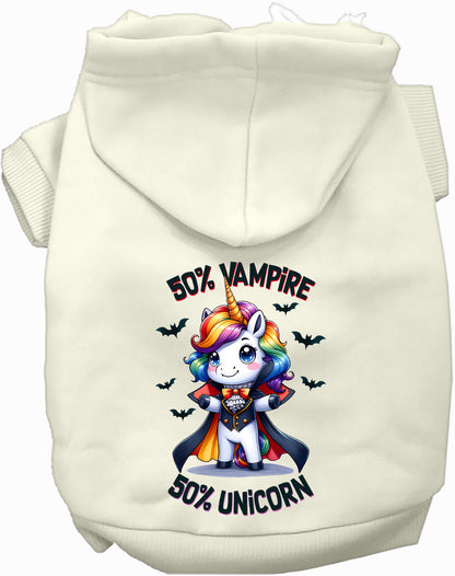 White pet hoodie with 50% Vampire 50% Unicorn design