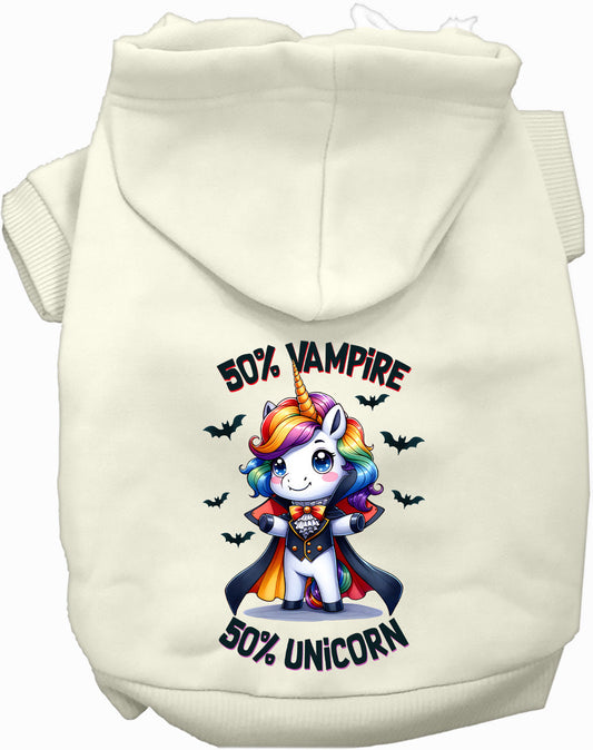 White pet hoodie with 50% Vampire 50% Unicorn design
