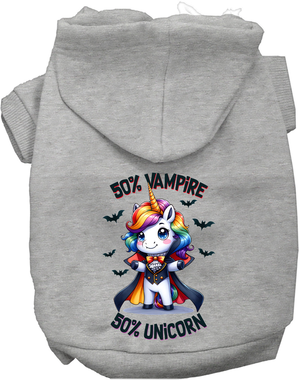Gray pet hoodie with 50% Vampire 50% Unicorn design