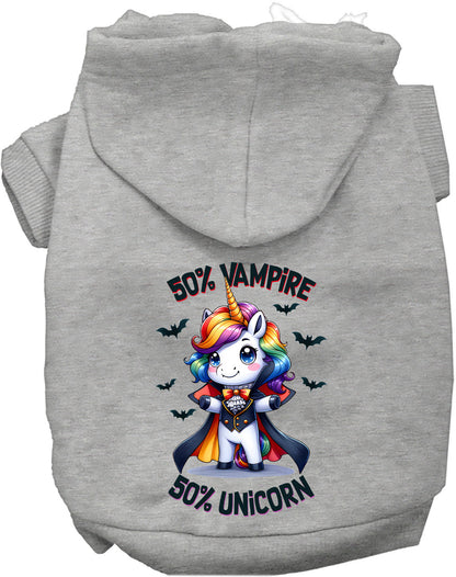 Gray pet hoodie with 50% Vampire 50% Unicorn design