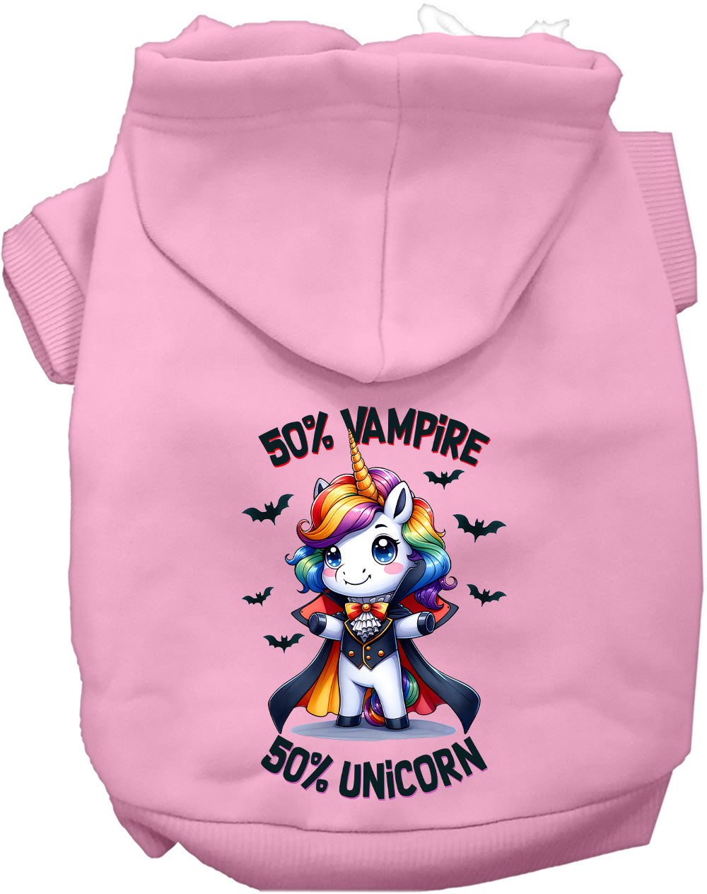 Pink pet hoodie with 50% Vampire 50% Unicorn design
