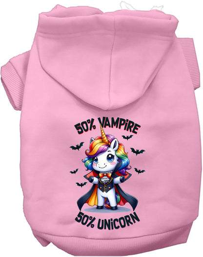 Pink pet hoodie with 50% Vampire 50% Unicorn design
