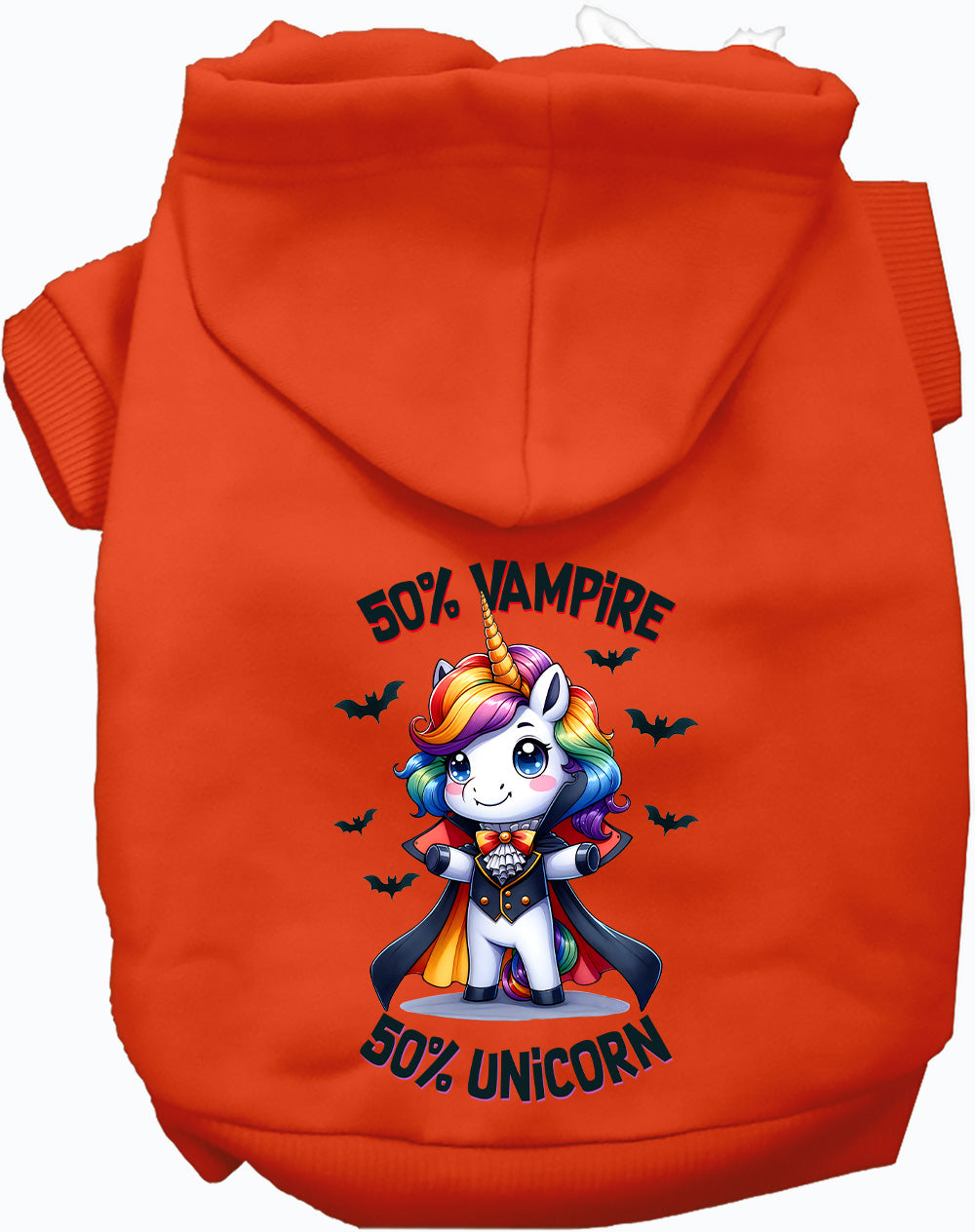 Orange pet hoodie with 50% Vampire 50% Unicorn design