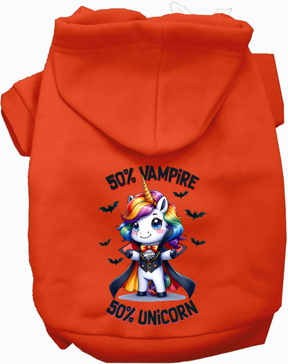 Orange pet hoodie with 50% Vampire 50% Unicorn design