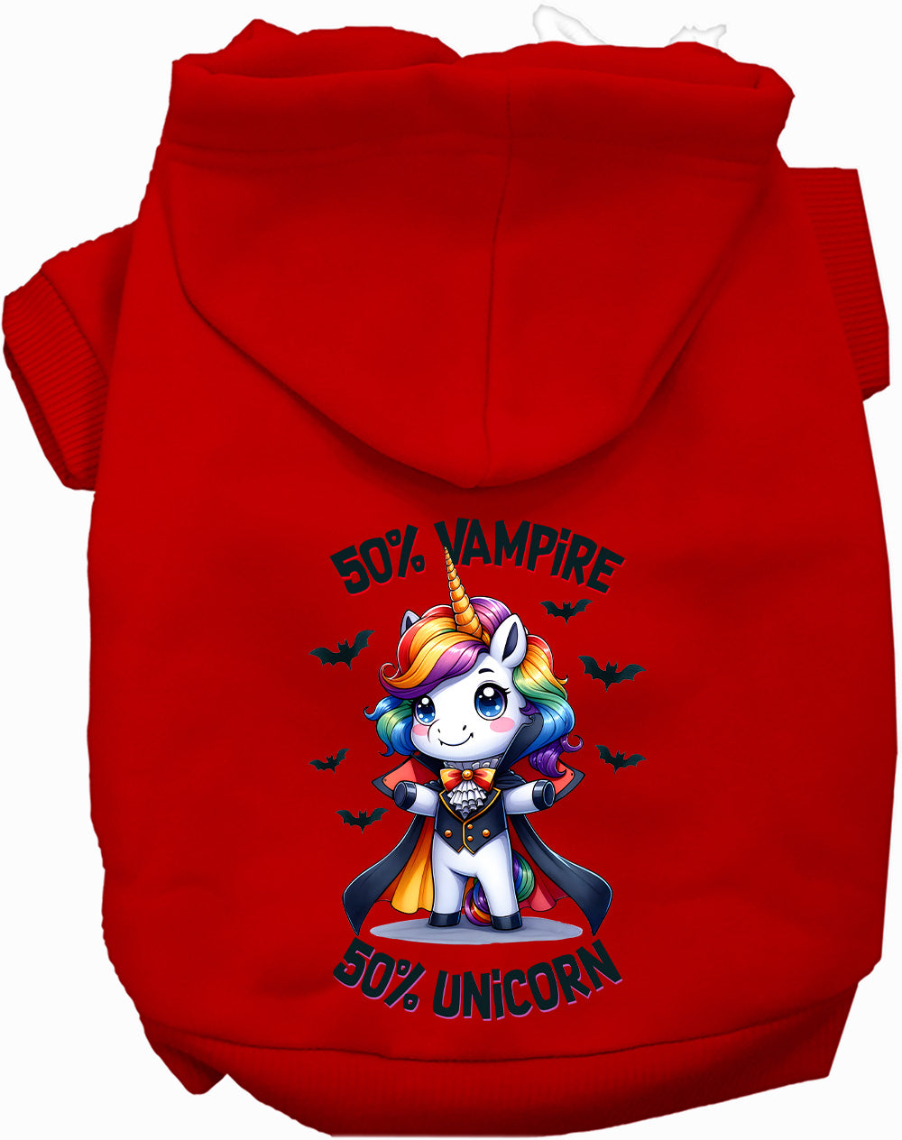 Red pet hoodie with 50% Vampire 50% Unicorn design