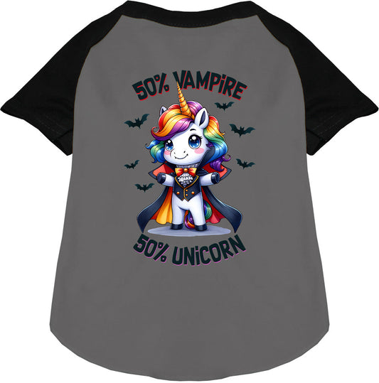 Gray raglan shirt with 50% vampire unicorn design