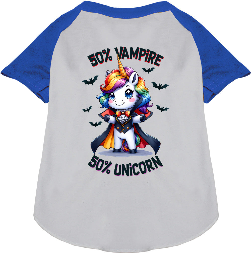 Blue raglan shirt with 50% vampire unicorn design