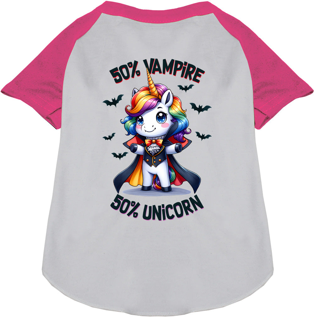 Pink raglan shirt with 50% vampire unicorn design
