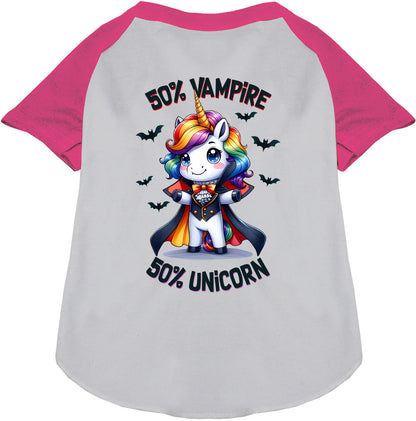 Pink raglan shirt with 50% vampire unicorn design